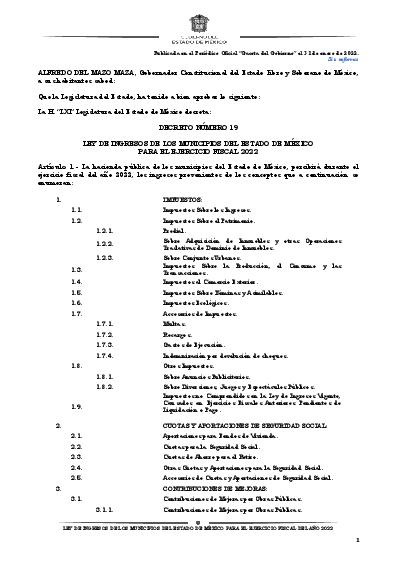 LEY DE INGRESOS DE LOS MUNICIPIOS EDOMEX 2022
